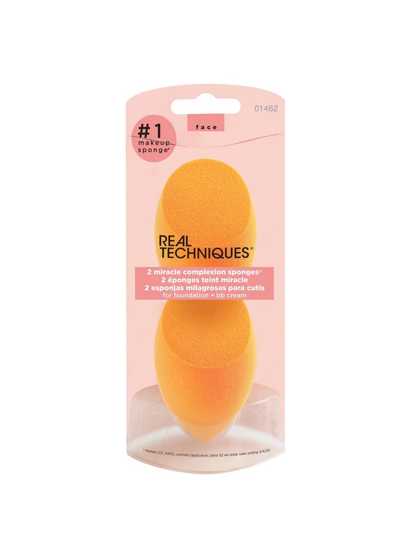 REAL TECHNIQUES 2 Miracle Complexion Sponges Makeup Blending Sponge For Foundation, Offers Light To Medium Coverage Natural, Dewy Makeup, Latex-Free Foam Orange - Image 2