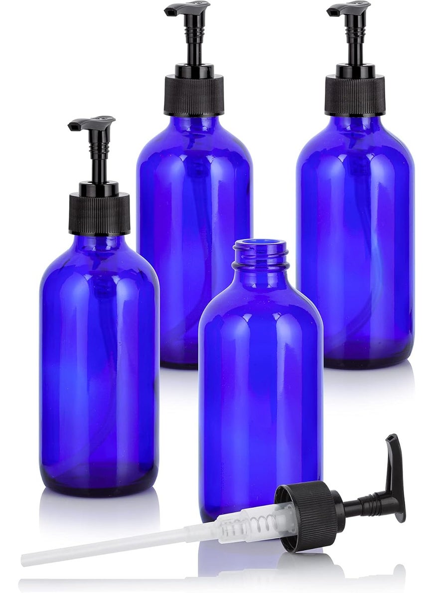 JUVITUS - JUVITUS 8 oz Cobalt Blue Boston Round Glass Bottles with Black Lotion Pump (4 pack) + Travel Foamer Bottle - Image 1