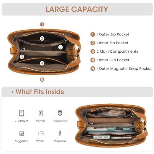 Kattee Leather Handbags for Women, Soft Shoulder Tote Bucket Bags Crossbody Purses with 2 Straps Brown - Image 5