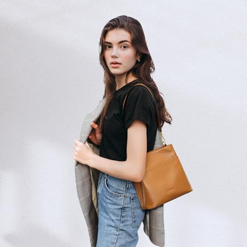 Kattee Leather Handbags for Women, Soft Shoulder Tote Bucket Bags Crossbody Purses with 2 Straps Brown - Image 3