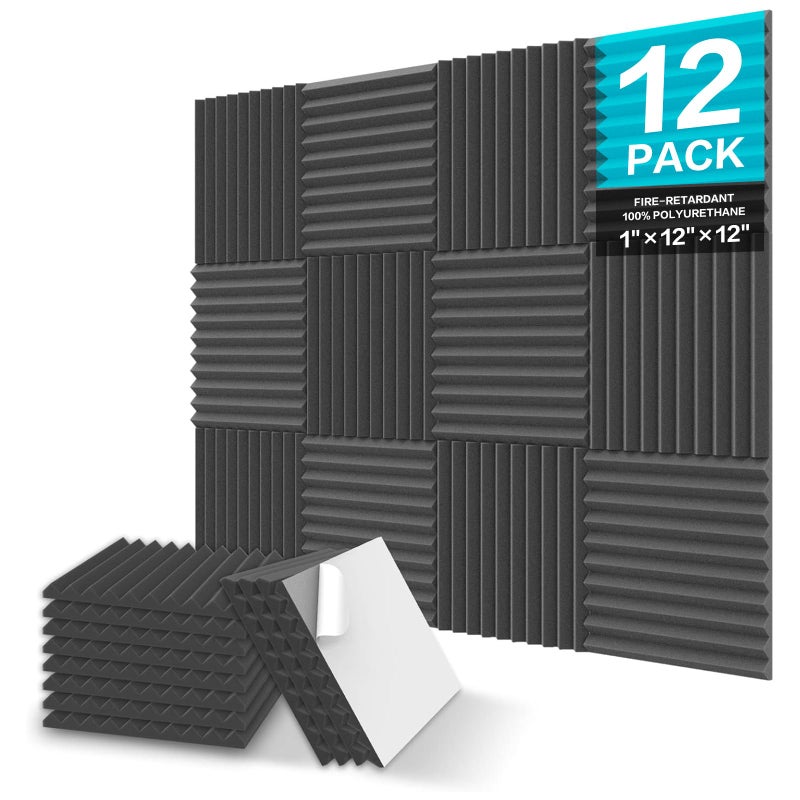 JBER 12 Pack Sound Proof Foam Panels 1 X 12 X 12 SelfAdhesive Acoustic Foam Panels Acoustic Panels Wedges High Density Soundproof Wall Panels for Treatment Home Studio Black
