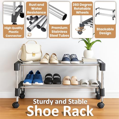 JD FRESH Stainless Steel Shoe Rack/Shoe Stand With Wheel/Movable Shoe Rack For Home/Multi-Purpose Footwear Stand/Books/Newspaper/Plants 4 Tier (Silver And Black),Shoes - Image 3