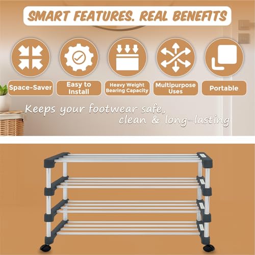 JD FRESH Stainless Steel Shoe Rack/Shoe Stand With Wheel/Movable Shoe Rack For Home/Multi-Purpose Footwear Stand/Books/Newspaper/Plants 4 Tier (Silver And Black),Shoes - Image 4