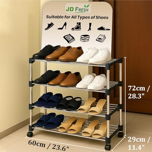 JD FRESH Stainless Steel Shoe Rack/Shoe Stand With Wheel/Movable Shoe Rack For Home/Multi-Purpose Footwear Stand/Books/Newspaper/Plants 4 Tier (Silver And Black),Shoes - Image 2