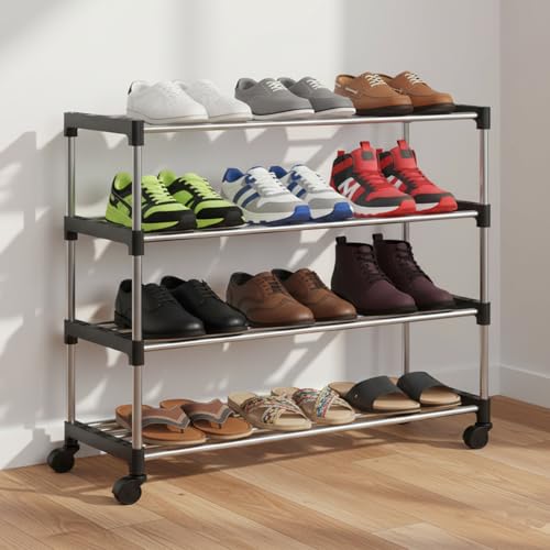 JD FRESH Stainless Steel Shoe Rack/Shoe Stand With Wheel/Movable Shoe Rack For Home/Multi-Purpose Footwear Stand/Books/Newspaper/Plants 4 Tier (Silver And Black),Shoes - Image 1