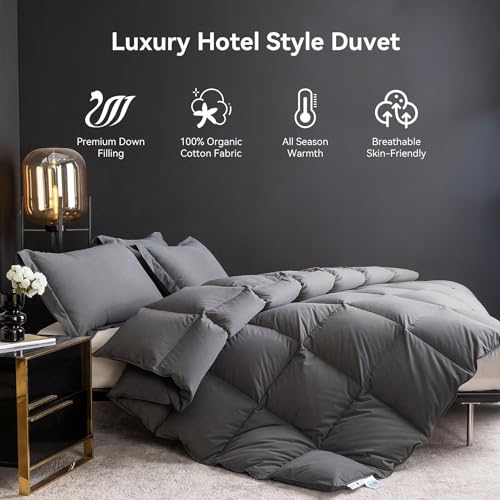 WENERSI Feather Down Comforter Full/Queen Size,Hotel Style Bedding Comforter,750+ Fill Power,1200TC,100% Organic Cotton Fabric,All Season Grey Duvet Insert with 8 Corner Tabs - Image 2