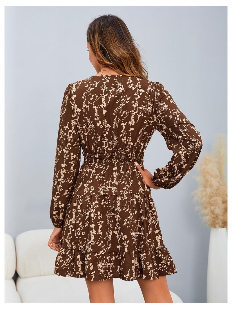 MakeMeChic Women's Long Sleeve Floral Short Dress Wrap V Neck Elastic Waist Casual Dresses Brown Medium - Image 2