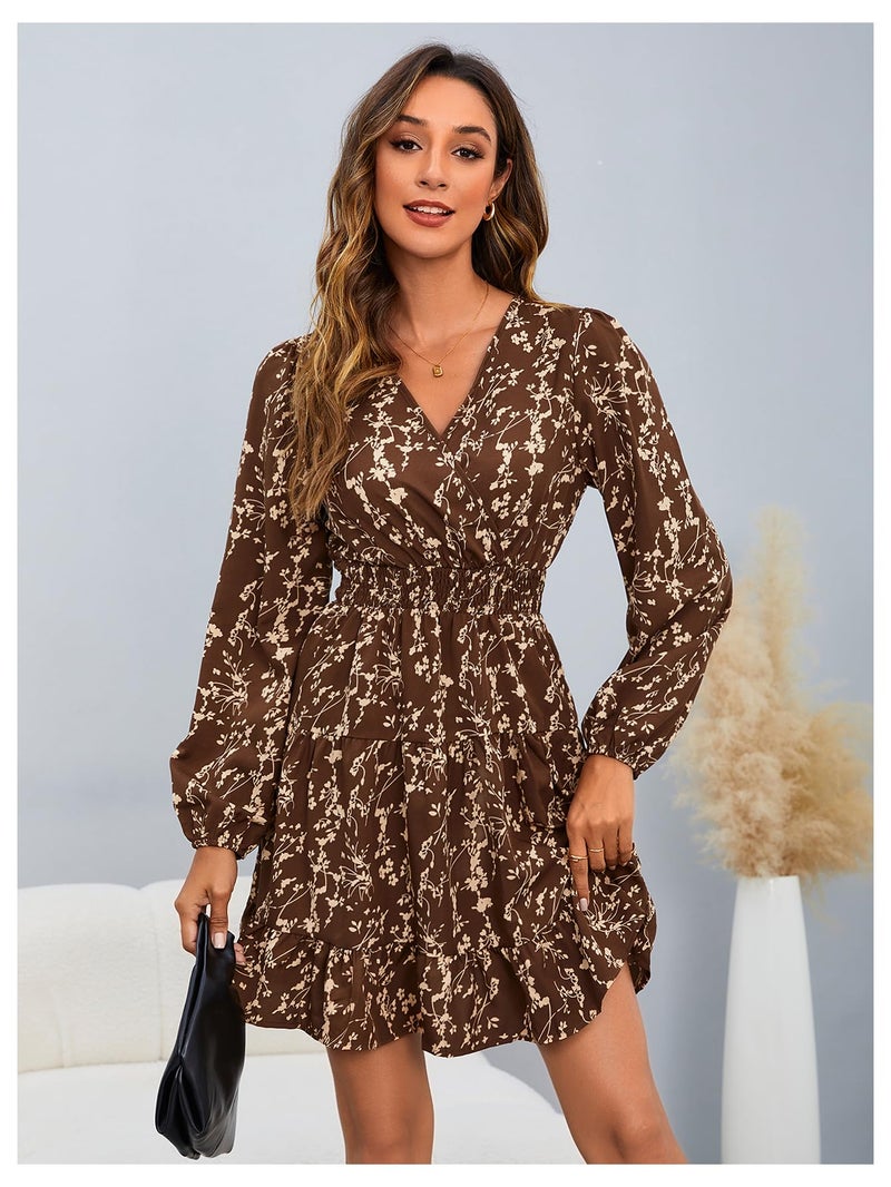 MakeMeChic Women's Long Sleeve Floral Short Dress Wrap V Neck Elastic Waist Casual Dresses Brown Medium - Image 4