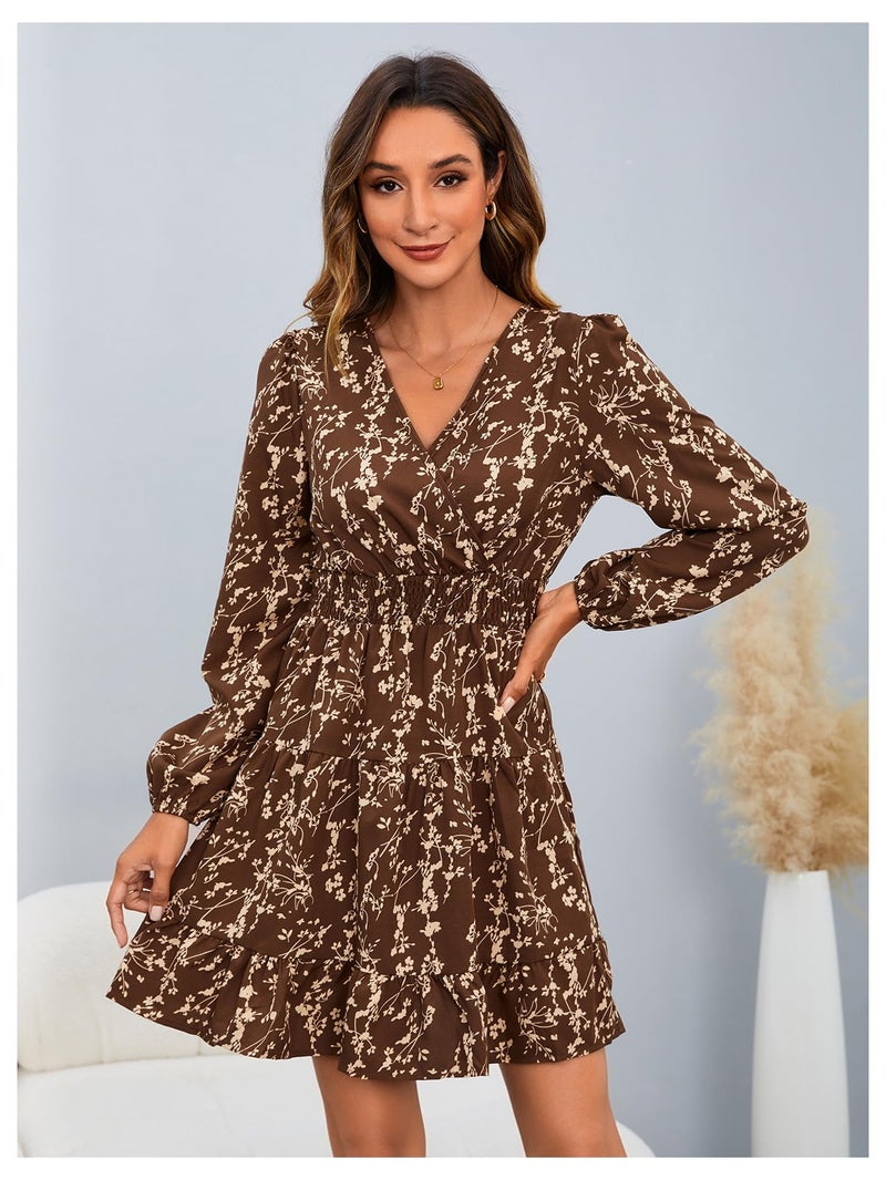 MakeMeChic Women's Long Sleeve Floral Short Dress Wrap V Neck Elastic Waist Casual Dresses Brown Medium - Image 3