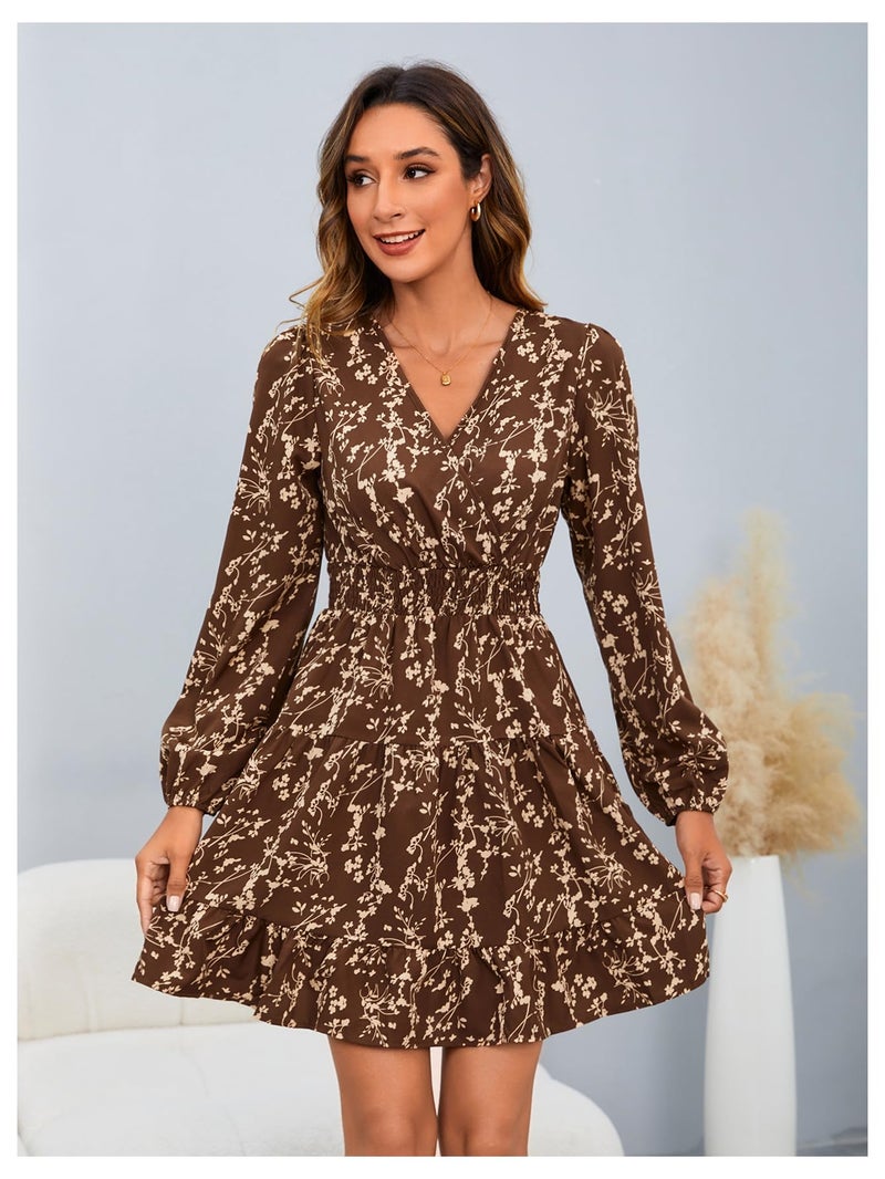 MakeMeChic Women's Long Sleeve Floral Short Dress Wrap V Neck Elastic Waist Casual Dresses Brown Medium - Image 5