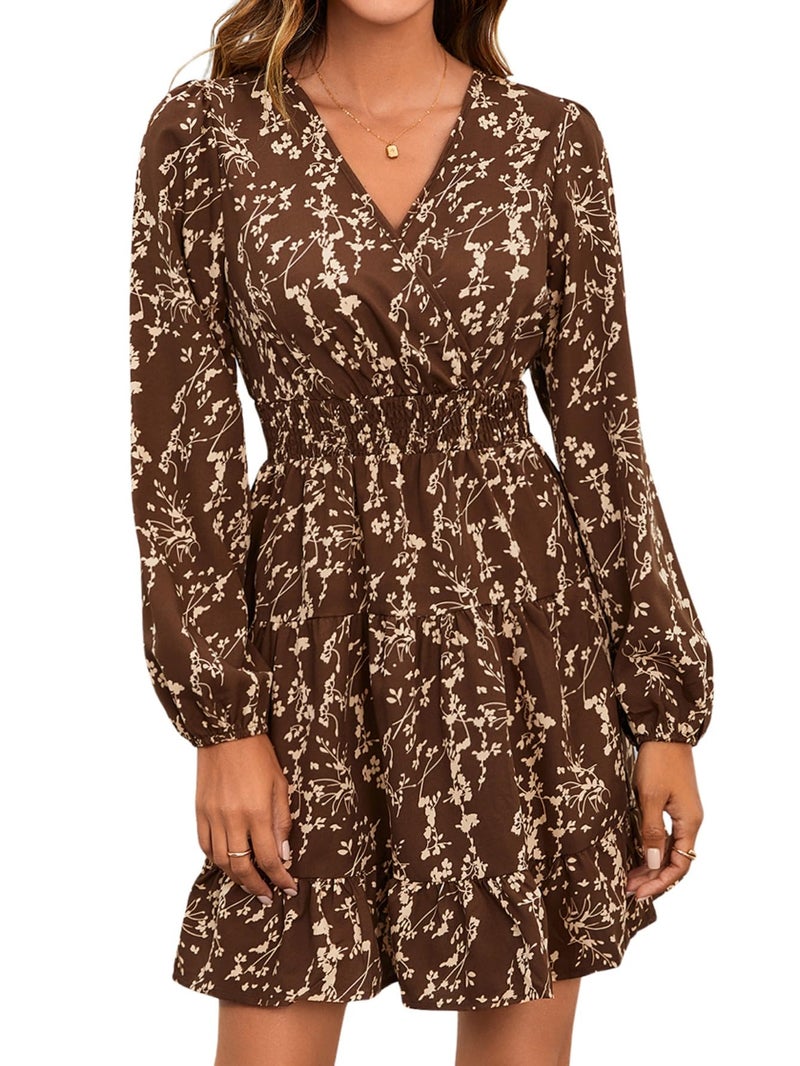MakeMeChic Women's Long Sleeve Floral Short Dress Wrap V Neck Elastic Waist Casual Dresses Brown Medium - Image 1