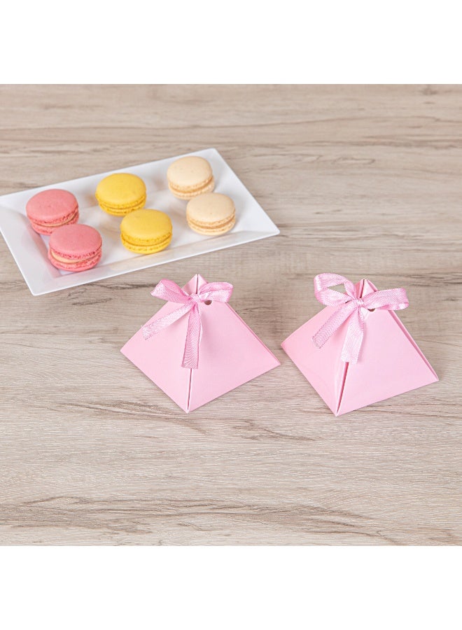 Restaurantware Pastry Tek 3  x 3 x 3 Inch Pyramid Favor Boxes, 100 Pyramid Triangle Gift Boxes - Satin Ribbon, Disposable, Pink Paper Triangle Candy Boxes, For Weddings Or Parties - Image 4