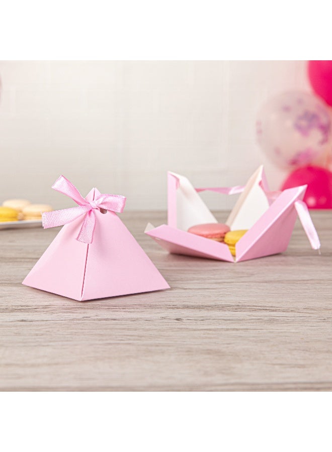 Restaurantware Pastry Tek 3  x 3 x 3 Inch Pyramid Favor Boxes, 100 Pyramid Triangle Gift Boxes - Satin Ribbon, Disposable, Pink Paper Triangle Candy Boxes, For Weddings Or Parties - Image 3