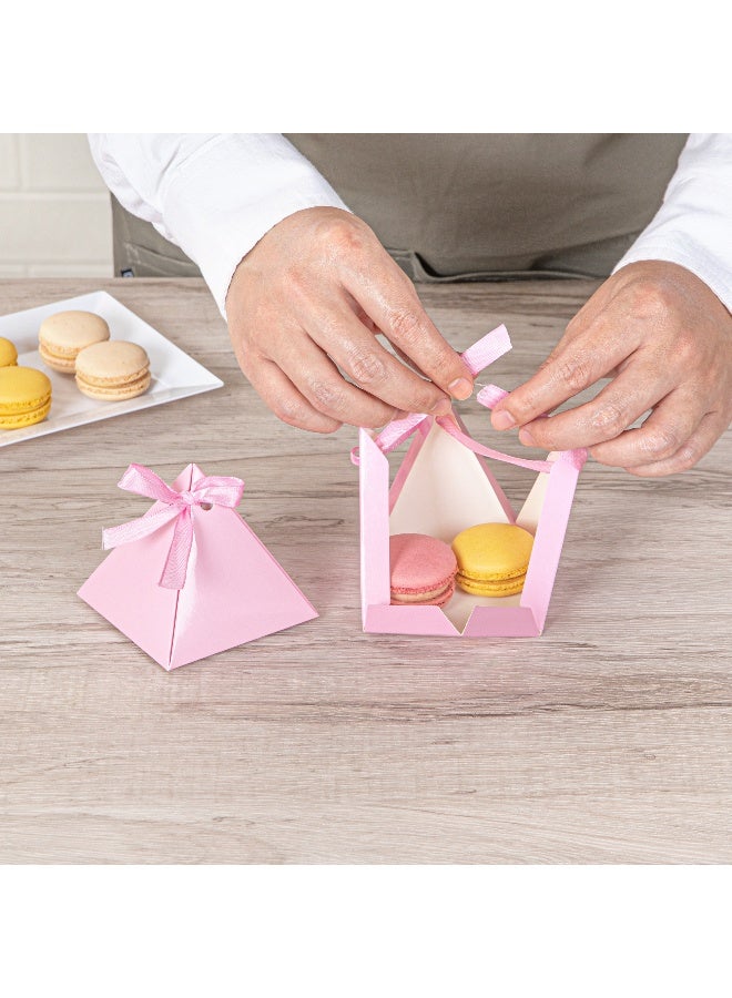 Restaurantware Pastry Tek 3  x 3 x 3 Inch Pyramid Favor Boxes, 100 Pyramid Triangle Gift Boxes - Satin Ribbon, Disposable, Pink Paper Triangle Candy Boxes, For Weddings Or Parties - Image 5