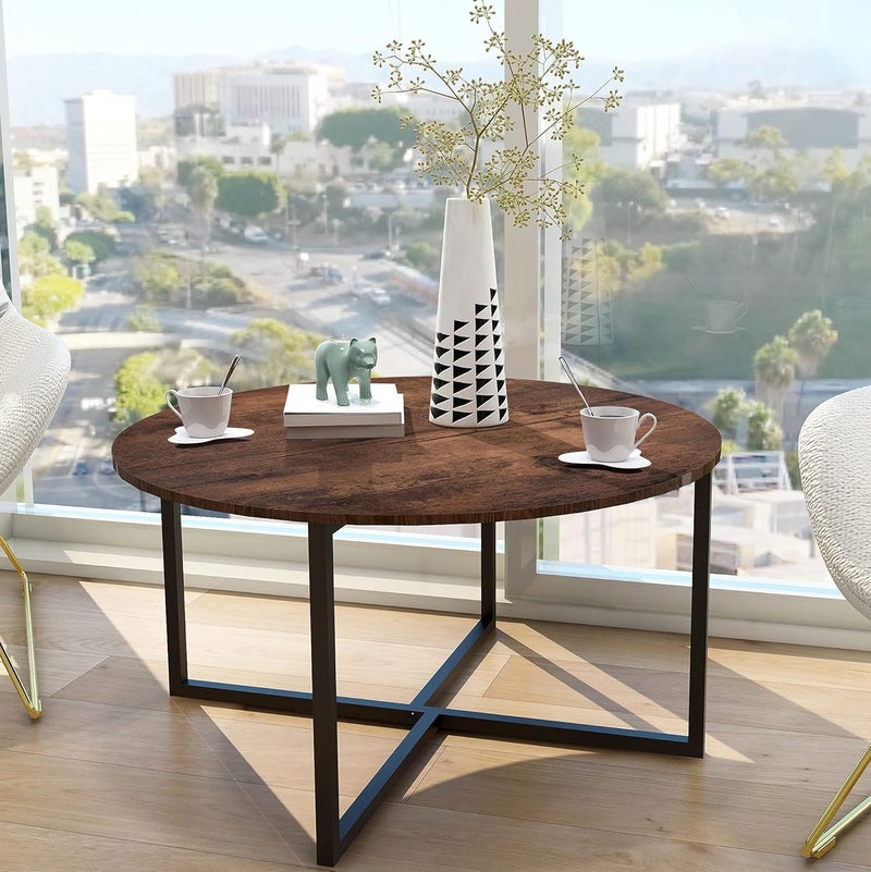 HOMERECOMMEND طاولات قهوة صغيرة لغرفة المطبخ وغرفة الطعام، مكتب دائري مبتكر بأرجل من المعدن الأسود، طاولة شاي للشرفة، مكتب دراسة، لون بني - Image 3