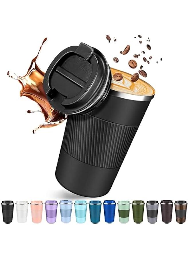 هوكور TRASSLE Coffee Travel Mug 510ML, Insulated Coffee Mug with Lid, Leakproof Coffee Thermos, Coffee Tumbler for Hot&Cold Drinks, Stainless Steel Reusable Thermal Cup for Men Women (Black) - Image 1