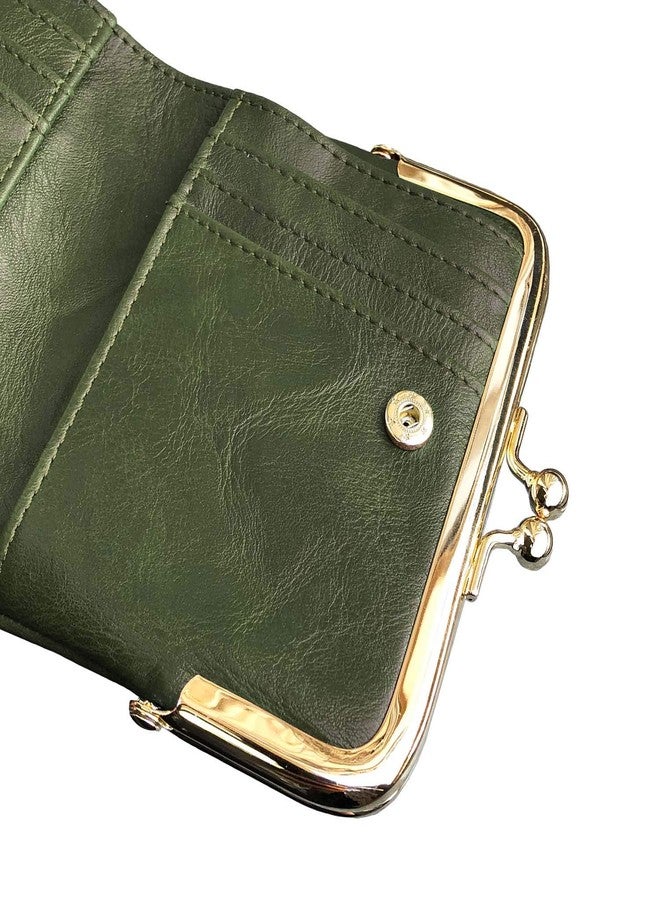 AOXONEL Womens Wallet Small Rfid Ladies Compact Bifold Leather Vintage Coin Purse With Zipper and Kiss Lock (Green) - Image 5