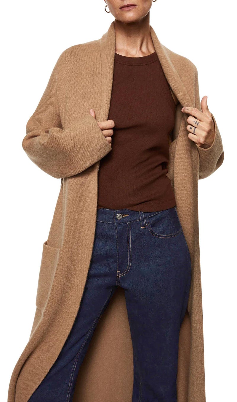 Fazortev Womens Long Sleeve Maxi Cardigan Open Front Oversized Knitted Sweater Coat Casual Lapel Warm Overcoat with Pockets Camel - Image 2