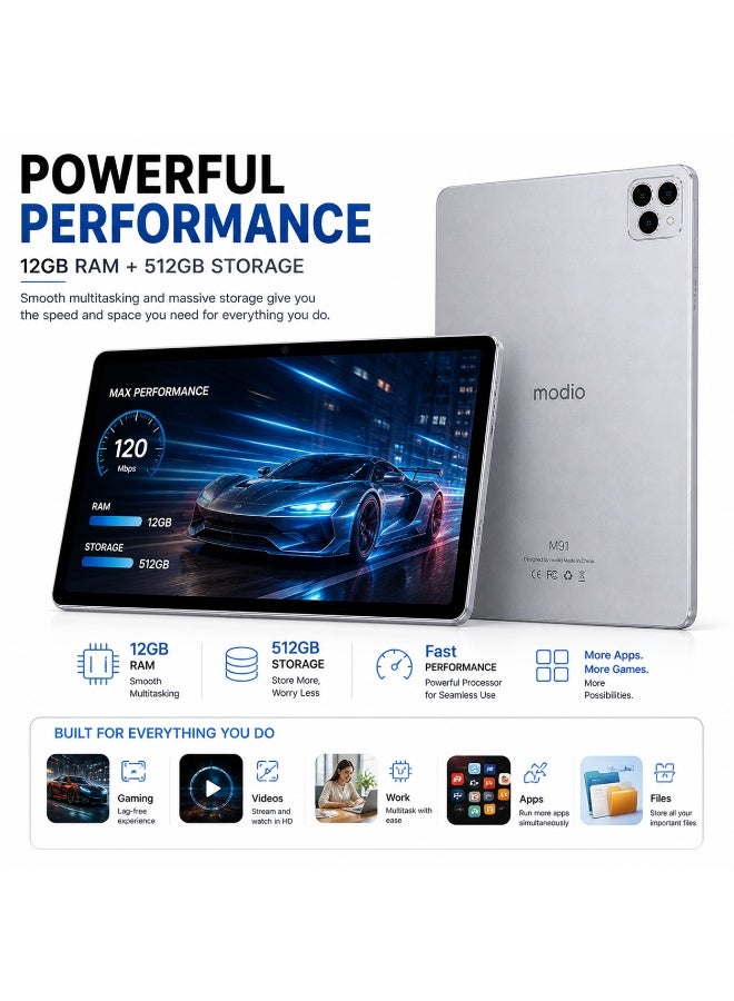Modio Tab M91 10.95" 5G Tablet, 12GB RAM 512GB Storage, 8000mAh Battery, Dual SIM WiFi, 13MP+8MP Camera, Incell Display – Silver - Image 3