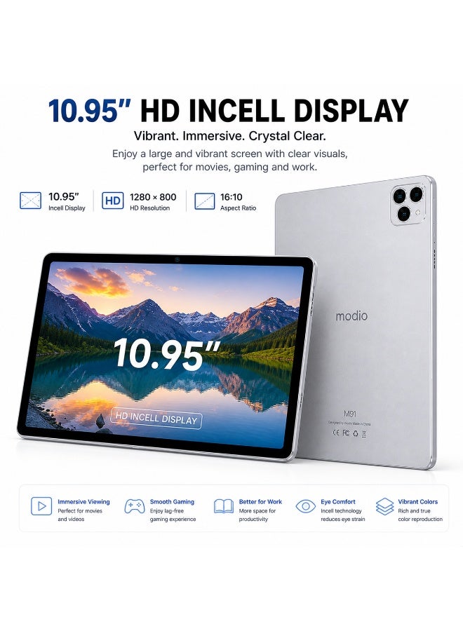 Modio Tab M91 10.95" 5G Tablet, 12GB RAM 512GB Storage, 8000mAh Battery, Dual SIM WiFi, 13MP+8MP Camera, Incell Display – Silver - Image 2