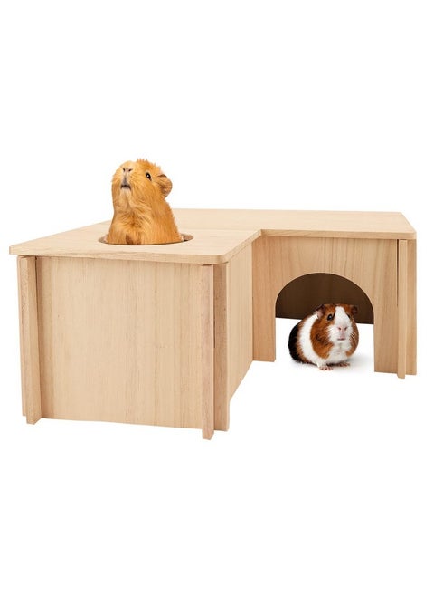 PAWCHIE Guinea Pig Hideout Hamster House with Multi-Rooms - Small Animals Pets Hideout Multi-Chamber Wooden Hut Habitats Decor Tunnel for Guinea Pigs, Hamsters, Chinchillas
