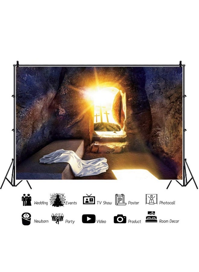 Leowefowa Durable Soft Fabric Resurrection Of Jesus Easter Backdrop 10X8Ft Sunrise Remote Holy Cross Empty Jesus Tomb Background For Photography Easter Day Church Event Activities Photo Studio Props  - Image 2