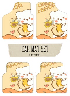 LESTER LESTER Water Absorbent Easy to Clean Car Mat Set, Car Carpet Anti-Slip Backing Floor Mats, Standard Size For Any Model Car Set of 4 Pieces For Man and Women Honey Bear Design Yellow 