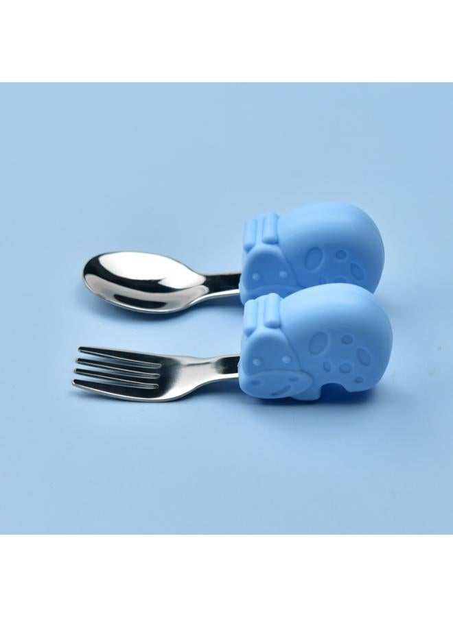 Hippo Baby Baby Learning To Eat Training Fork Spoon Short Handle Stainless Steel Tableware Children's Silicone Complementary Food Complementary Food Fork Spoon