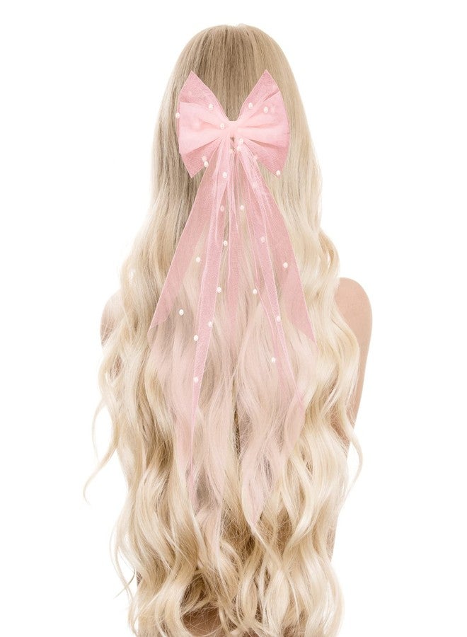 FAMEZA 1 Pcs Luxury Bridal Hair Accessories: Pearl Hair Bow with Barrette, Wedding Veil for Bride and Bridesmaids, Bachelorette Party Decorations (Pink) - Image 4