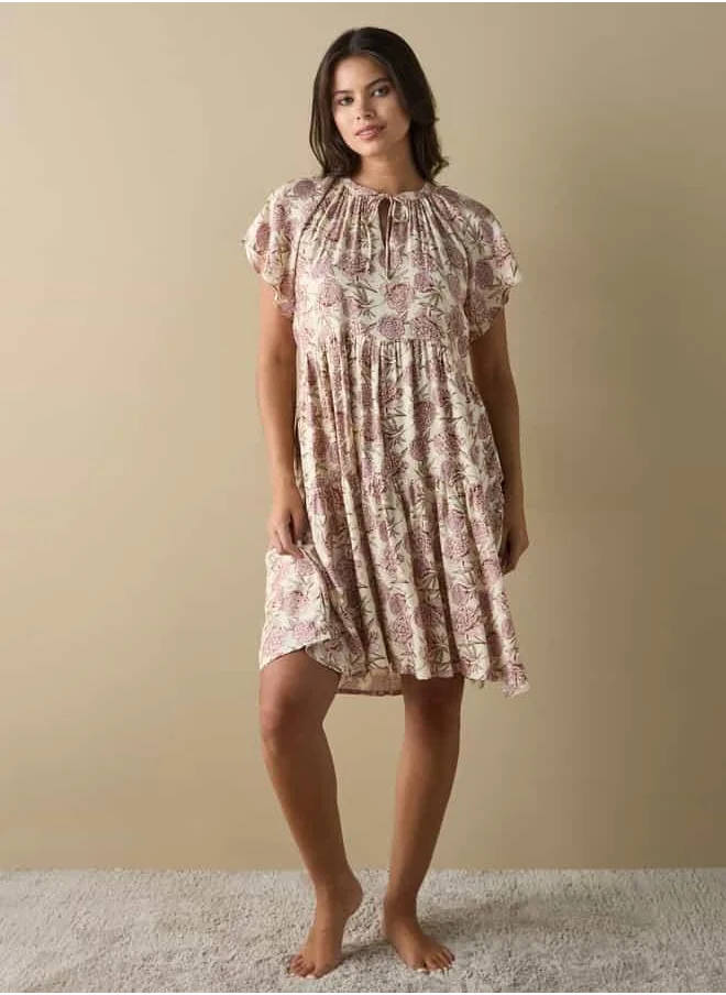 فاف All-Over Floral Print Sleepshirt with Tie-Ups