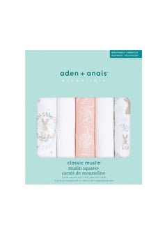 aden + anais Essentials Musy Squares, 100% Cotton Muslin, Lightweight And Beathable Diaper Bag Essential, 5 Pack, Blushing Bunnies  - Image 2
