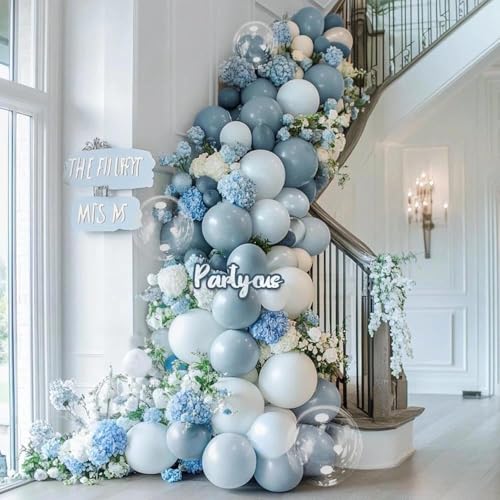 Partycus Dusty Blue White Balloon Arch Kit Double Stuffed Pastel Slate Blue White Matte Latex Balloon Garland for Baby Shower Birthday Bridal Wedding Valentines Easter Party - Image 5