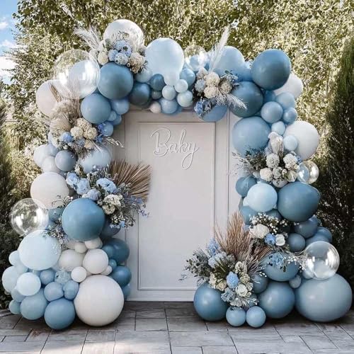 Partycus Dusty Blue White Balloon Arch Kit Double Stuffed Pastel Slate Blue White Matte Latex Balloon Garland for Baby Shower Birthday Bridal Wedding Valentines Easter Party - Image 1