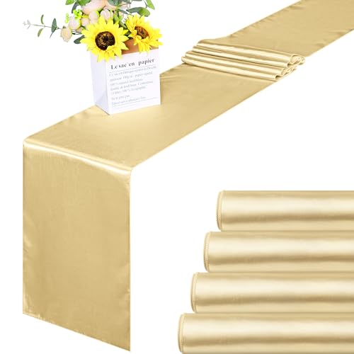 Aneco 4 Pack Satin Table Runner 12 x 108Inch Long Bright Silk and Smooth Fabric Party Table Runner for Wedding Banquet Party DecorationChampagne