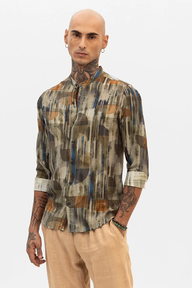 SNITCH Olive Slim Fit Abstract Shirt