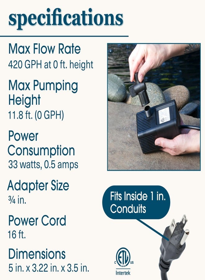 smartpond 420 GPH Pond Pump, Submersible Pump, Energy Efficient, Ideal for Ponds and Water Features up to 400 Gallons, Adjustable Flow Control - Image 4