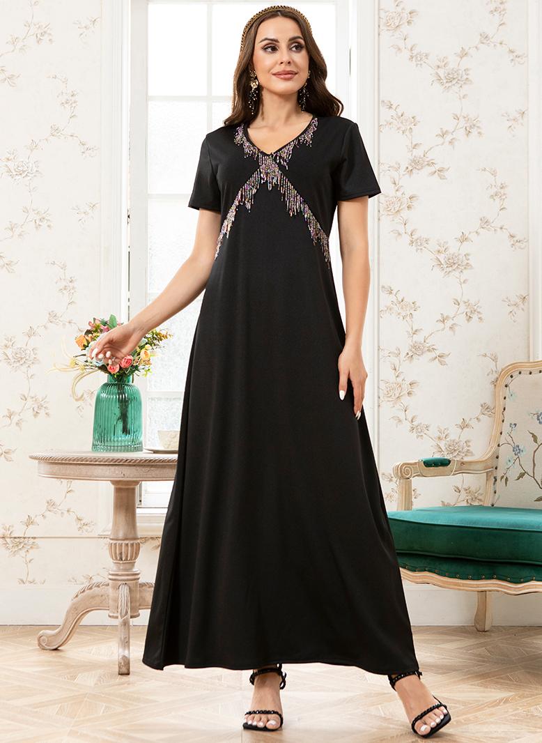 فرايديين انيق طوق على شكل V اللون الصامد حبة كم منتظم فساتين طويلة اسود - Image 1