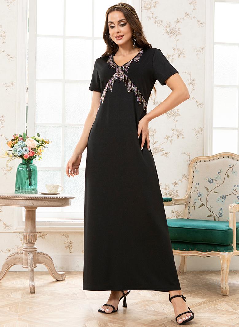 فرايديين انيق طوق على شكل V اللون الصامد حبة كم منتظم فساتين طويلة اسود - Image 5