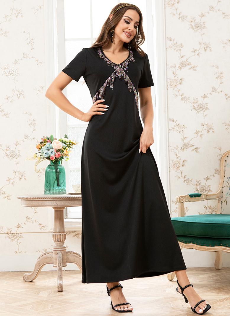 فرايديين انيق طوق على شكل V اللون الصامد حبة كم منتظم فساتين طويلة اسود - Image 4