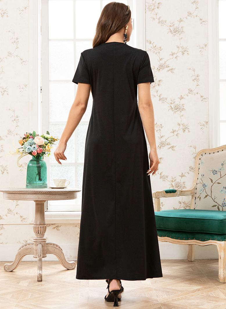 فرايديين انيق طوق على شكل V اللون الصامد حبة كم منتظم فساتين طويلة اسود - Image 2