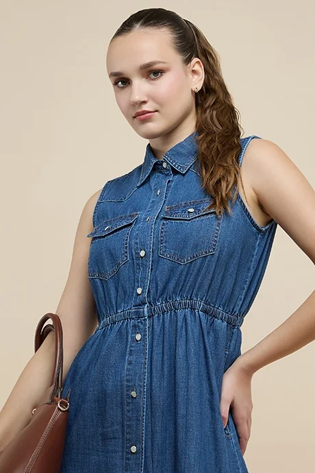 أر أند بي Washed Sleeveless Denim Shirt Dress with Classic Collar