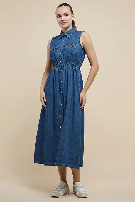 أر أند بي Washed Sleeveless Denim Shirt Dress with Classic Collar