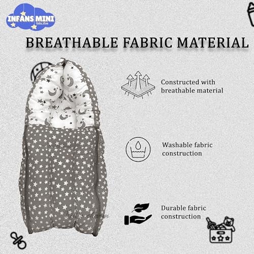 Infans Mini Star Moon Mini 3 in 1 Baby's Cotton Bed Cum Carry Bed Printed Baby Sleeping Bag-Baby Bed-Infant Portable for Unisex Easily Portable, Light Weight Carry for New Born 0-4 Months Old(Grey) - Image 5