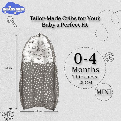 Infans Mini Star Moon Mini 3 in 1 Baby's Cotton Bed Cum Carry Bed Printed Baby Sleeping Bag-Baby Bed-Infant Portable for Unisex Easily Portable, Light Weight Carry for New Born 0-4 Months Old(Grey) - Image 2