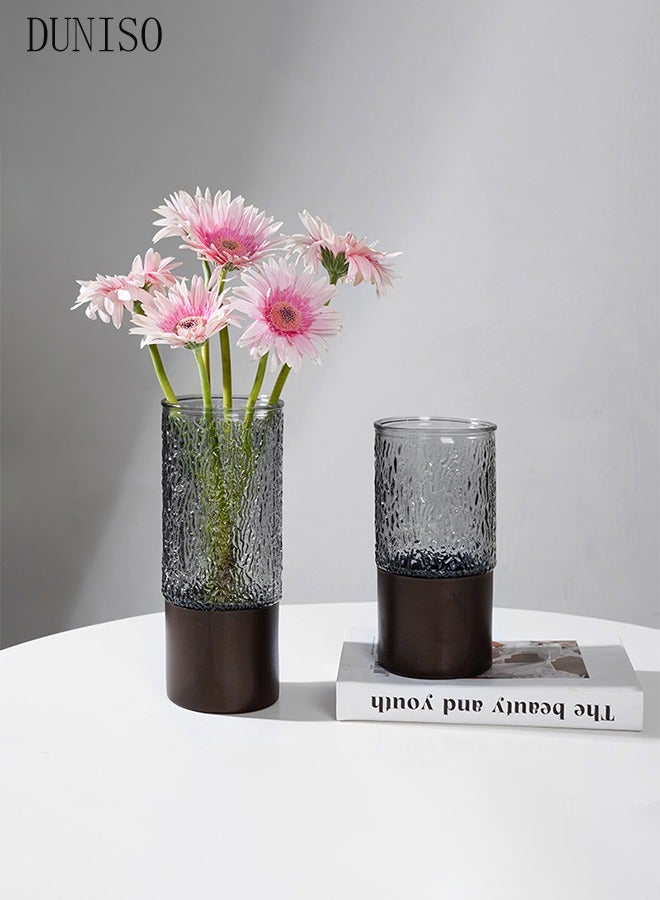 DUNISO 2 قطع مزهريات زهور زجاجية، مزهرية زهور بقاعدة خشبية، مزهريات مركز الزهور الفاخرة، مزهرية زهور زجاجية عصرية، مزهريات مركز الزهور الأسطوانية (10*10*20 سم/10*10*25 سم) - Image 5