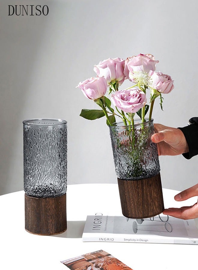 DUNISO 2 قطع مزهريات زهور زجاجية، مزهرية زهور بقاعدة خشبية، مزهريات مركز الزهور الفاخرة، مزهرية زهور زجاجية عصرية، مزهريات مركز الزهور الأسطوانية (10*10*20 سم/10*10*25 سم) - Image 1