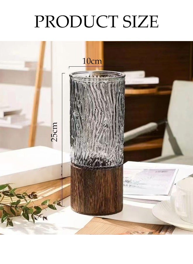 DUNISO 2 قطع مزهريات زهور زجاجية، مزهرية زهور بقاعدة خشبية، مزهريات مركز الزهور الفاخرة، مزهرية زهور زجاجية عصرية، مزهريات مركز الزهور الأسطوانية (10*10*20 سم/10*10*25 سم) - Image 2