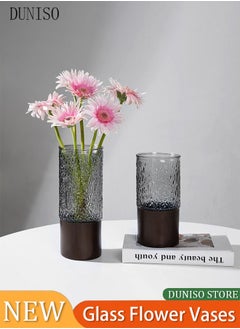 DUNISO 2 Pcs Glass Flower Vases, Wooden Base Flower Vase, Luxury Flower Centerpiece Vases, Modern Glass Flowers Vase, Cylinder Flower Centerpiece Vases (10*10*20cm/10*10*25cm)  - Image 1