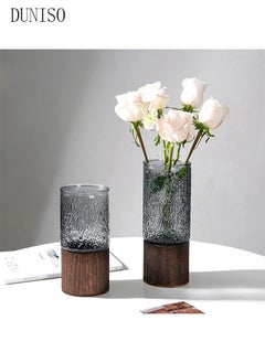 DUNISO 2 Pcs Glass Flower Vases, Wooden Base Flower Vase, Luxury Flower Centerpiece Vases, Modern Glass Flowers Vase, Cylinder Flower Centerpiece Vases (10*10*20cm/10*10*25cm)  - Image 5