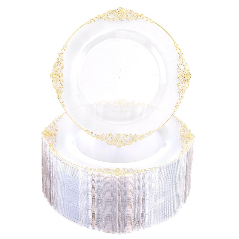 Morejoy 100pcs Gold Plastic Plates  Clear Gold Disposable Plates  75 inch Clear and Gold Dessert Plates Clear Plastic Plates with Gold Rim for Weddings  Parties  Shower